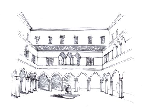 University of Richmond Carole Weinstein International Center, Courtyard Sketch | Glave and Holmes Architecture Courtyard Sketches Architecture, Courtyard Sketch, Courtyard Drawing, Islamic Architecture House, Spatial Organization, Center Courtyard, Arabic Architecture, Form Architecture, Great Architecture