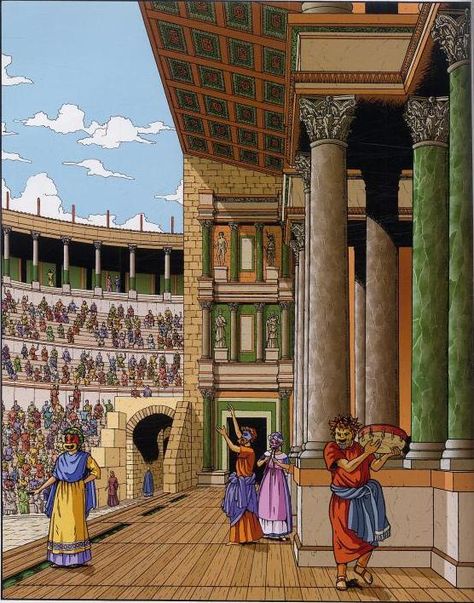 Ancient Roman Theatre, Crowd Drawing, Roman Theatre, Historical Illustration, Empire Romain, Ancient Greek Architecture, Classical Antiquity, Roman Architecture, Byzantine Empire