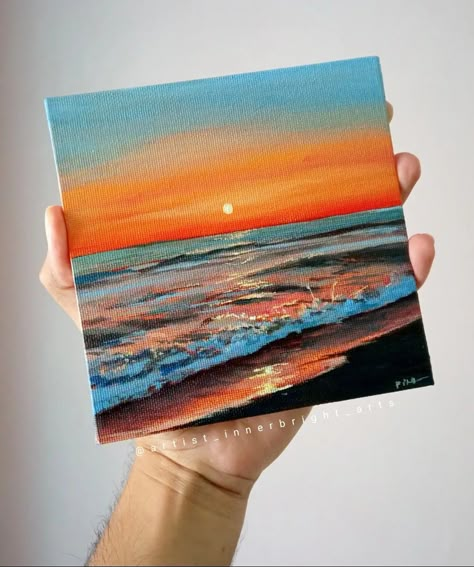 Green And Gold Painting Canvases, Ocean Sunset Paintings Acrylics, Small Square Paintings, Small Sunset Painting, Acrylic Paint Sunset, Sunrise Painting Acrylic, Mini Canvas Paintings Easy, Sunrise Canvas Painting, Sunset Sea Painting