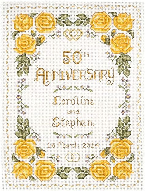 Anniversary Cross Stitch, Wedding Anniversary Pictures, Golden Wedding Anniversary Gifts, 50th Anniversary Cards, Golden Anniversary Gifts, Wedding Cross Stitch Patterns, Wedding Cross Stitch, Golden Wedding Anniversary, Completed Cross Stitch