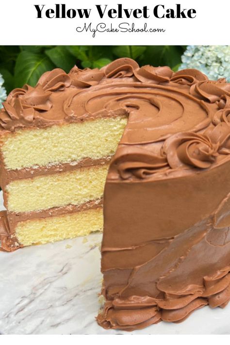 Yellow Velvet Cake | My Cake School Chocolate Cake With Yellow Cake, Yellow Butter Cake Recipe Moist, Moist Yellow Cake Recipe From Scratch, Easy Yellow Cake Recipe, Best Yellow Cake Recipe, Super Moist Yellow Cake, Yellow Pound Cake, Homemade Yellow Cake Recipe, Birthday Cake From Scratch