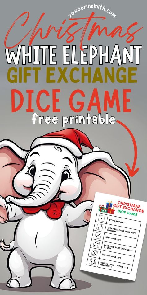 cute white elephant in santa hat holding christmas exchagne dice game. title: Christmas white elephant gift exchange dice game White Elephant Dice Game, Dice Christmas Gift Exchange, Dice Christmas Game, Christmas Dice Games, Gift Game Ideas, Christmas Worksheets For Kids, Christmas Coloring Pages Free Printable, Dice Game Rules, Free Christmas Printables For Kids