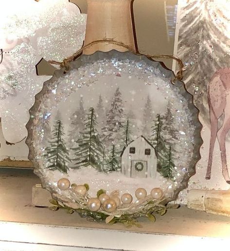 Beautiful Handmade Ornaments, Tart Pan Ornaments, Dollar Store Winter Crafts, Dollar Tree Winter Decor Ideas Diy, Tart Pan Crafts, Winter Craft Diys, Fun Dollar Tree Crafts, Winter Craft Decor, Dollar Tree Wood Projects