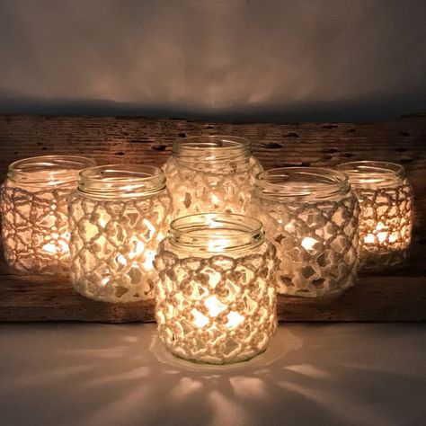 Jam Jar Crafts, Jam Jar Covers, Crochet Candle Holder, Coastal Crochet, Crochet Jar Covers, Crochet Candle, Mason Jar Cozy, Jar Covers, Handmade Candle Holders