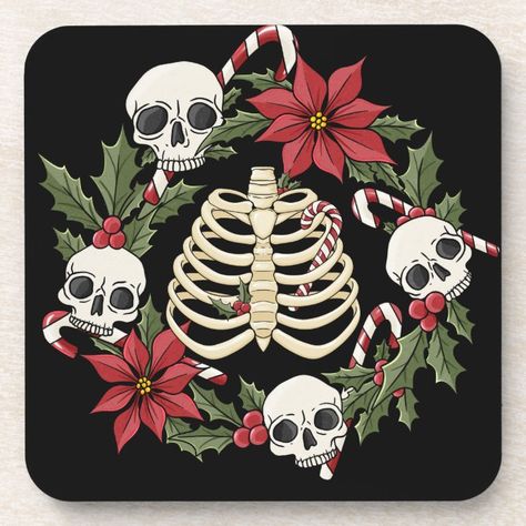 Creepmas Skull and Ribcage Beverage Coaster - tap/click to get yours right now! #BeverageCoaster #creepmas, #horrordays, #creepy #christmas, #skull, Creepmas Aesthetic, Merry Creepmas, Christmas Skull, Goth Christmas, Scary Christmas, Christmas Horror, Creepy Christmas, Spooky Szn, Bah Humbug