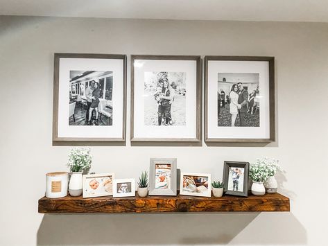 Above The Couch Wall Decor Farmhouse, Above Couch Wall Decor Between Windows, Shelf Under Picture On Wall, Floating Shelf With Pictures Above Couch, Shelf With Pictures Above Couch, Mantel Shelf Above Couch, Mantel Above Couch, Mantel Over Couch, Over The Couch Picture Display