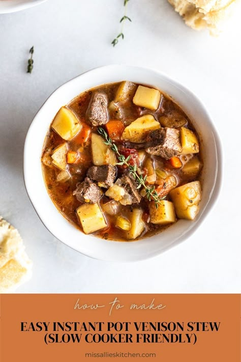 Rich and tender Easy Instant Pot Venison Stew comes together quickly for the perfect rustic, comforting dinner to use up your harvest in the freezer. Venison Stew Slow Cooker, Deer Stew, Stew Slow Cooker, Ancestral Diet, Venison Stew, French Soup, Deer Recipes, Recipes By Ingredients, Rustic Recipes