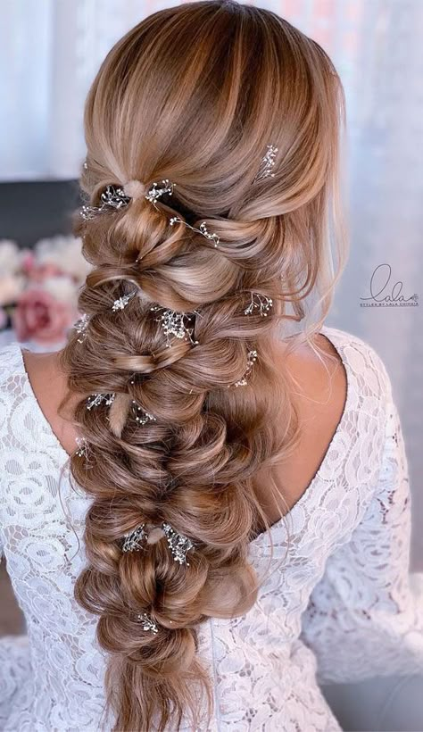 glamorous braids, wedding hairstyle, bridal braids, dutch braid updo, fishtail braid crown, boho braids, braided updo brides, wedding hairstyle braids Updo And Down Hairstyles, Long Braid For Wedding, Wedding Dutch Braid Hairstyles, Wedding Day Hair Braid, Big Wedding Braid, Bridal Hairstyles For Long Hair Braid, Wedding Boho Braid Hairstyles, Bridal Braided Updo, Thick Braid Wedding Hair