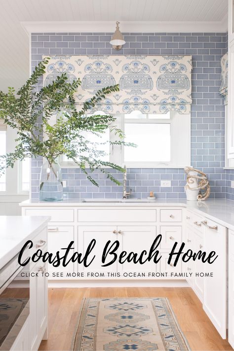 Light Blue Backsplash, Blue Tile Backsplash Kitchen, Beach Home Kitchen, Blue Backsplash Kitchen, Light Blue Tile, Blue Kitchen Tiles, Blue Subway Tile, Wrightsville Beach Nc, Light Blue Kitchens