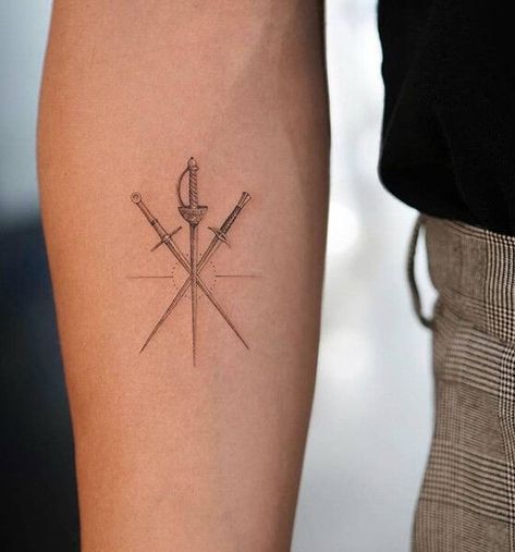 3 Swords Tattoo, Crossed Swords Tattoo, Thigh Tats Men, Simple Tattoos Men, Swords Tattoo, Tricep Tattoos, Simple Arm Tattoos, Wolf Tattoo Sleeve, Crossed Swords