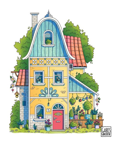 Beautiful House Drawing, Cute House Illustration, Cute House Drawing, House Illustration Art, Markers Drawing Architecture, Houses Drawing, Cartoon Houses, Whimsical House, Whimsical Houses