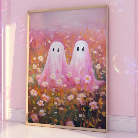 Halloween Decor Pastel, Ghost Flower Painting, Halloween Pastel Art, Ghost Couple Painting, Pink Halloween Painting, Love Painting Easy, Fall Flowers Painting, Fall Decor Flowers, Easy Ghost Painting