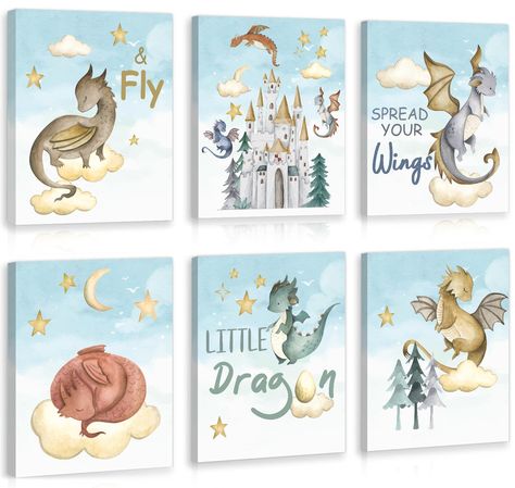 PRICES MAY VARY. ✨【CARTOON DRAGON CASTLE UNIQUE DESIGN】 set of 6 high-quality excellent dinosaur wall art with motivational saying spread your wings little dragon wall art print can decoration your child's dream bedroom.Bring the awe-inspiring world of dinosaurs into your home with this prints. this vibrant wall decor set is perfect for sparking imagination and curiosity. ✨【IDEA GIFT】 High definition watercolor flower printed on high quality canvas. each 8x10 inch poster has a modern, minimalist Dragon Nursery Theme, Dinosaurs Cartoon, Boy Kids Room, Dinosaur Canvas, Dragon Castle, Childrens Room Art, Dragon Nursery, Dragon Wall Art, Animals Poster