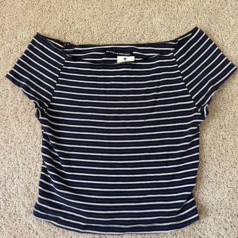 Brand New! Brandy Melville Stripped Blue Black And White Off The Shoulder Crop Top Brandy Melville Amara Top, Amara Top, American Eagle Crop Top, Fancy Fits, Black And White Top, Stripped Tops, White Off The Shoulder, Denim Crop Top, Grey Crop Top