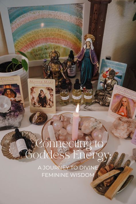 Connecting with the Goddesses—figures like Mother Mary, Mary Magdalene, Hathor, and Lakshmi—allows us to integrate the Divine Feminine essence into our daily lives, enriching our spiritual journey with their unique attributes and enlightened wisdom. These goddesses, each embodying distinct aspects of the Divine Feminine, offer a multifaceted approach to spiritual growth and personal empowerment. Mother Mary Altar, Divine Feminine Altar, Lakshmi Altar, Altar Inspiration, Feminine Embodiment, Feminine Essence, Personal Altar, Womb Healing, Mary Mary