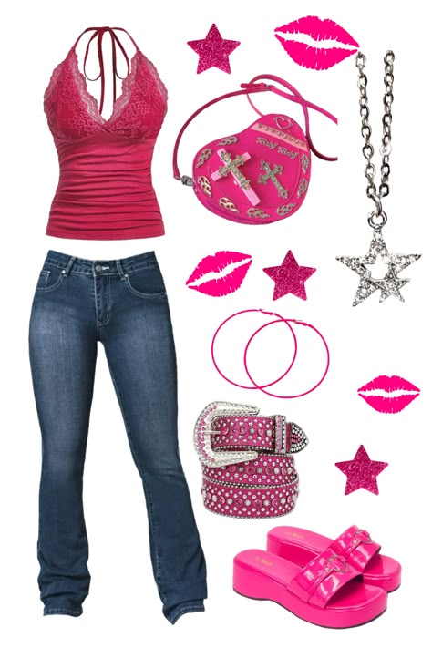 hot pink mcbling outfit inspoo hot pink top, hot pink chunky sandals, hot pink hoop earrings, silver star necklace, hotpink bad, hot pink belt rhimestones, bootcut medium wash jeans Hot Pink Mcbling, Pink 2000s Outfit, 2000s Outfits Aesthetic, 2000s Fashion Pink, Cute Y2k Outfits, Pink Mcbling, Y2k Outfits Pink, 2000s Fashion Inspiration, Hot Pink Outfit