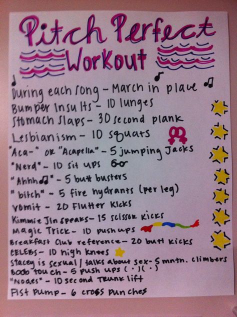 Pitch perfect workout. This movie is a life changer! haha Prom Workout, Tv Workout Challenge, Tv Workout, Disney Workout, Song Workout, Tv Show Workouts, Movie Workouts, Tv Workouts, Friends Workout