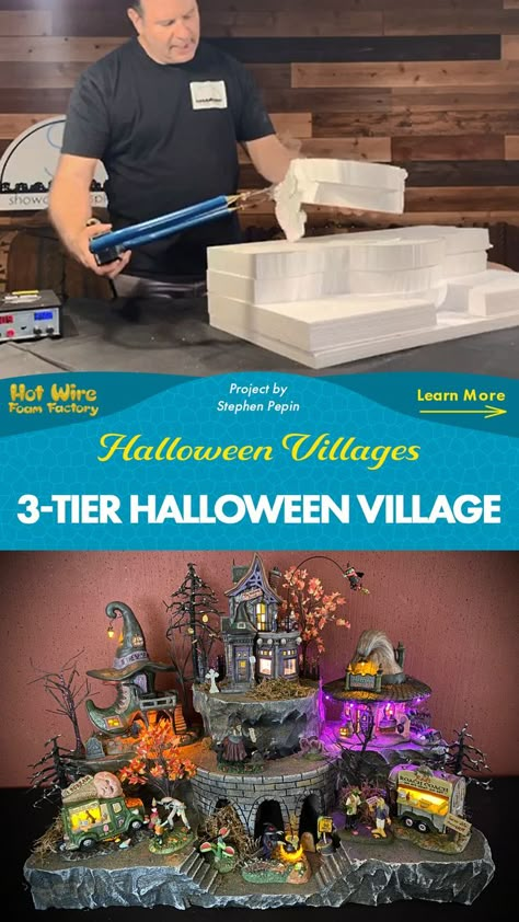 3-tiered halloween village display made out of eps foam featuring detailed brick designs and organic rocky mountainside shapes Diy Halloween Village Platform, Lemax Spooky Town Display, Diy Christmas Village Houses, Diy Halloween Village, Halloween Decorations Outdoor Porch, Halloween Village Display, Scary Halloween Decorations Diy, Foam Factory, Diy Christmas Village