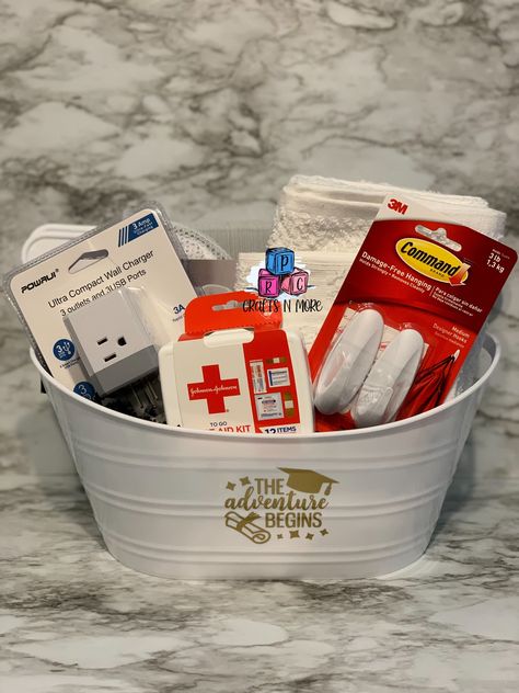 College Basket, College Gift Baskets, Creative Graduation Gifts, Meaningful Graduation Gifts, Graduation Gift Basket, College Survival Kit, Survival Kit Gifts, Care Basket, Diy Graduation Gifts