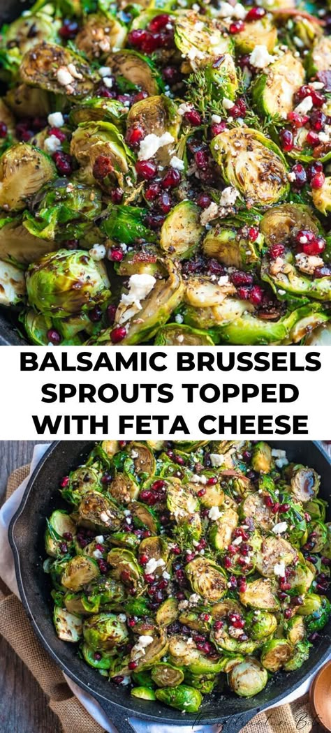 Dinner Ideas Brussel Sprouts, Mediterranean Brussel Sprouts, Balsamic Brussels Sprouts, Veg Meals, Vegetable Bin, Pomegranate Recipes, Feta Recipes, Calorie Recipes, Sprout Recipes