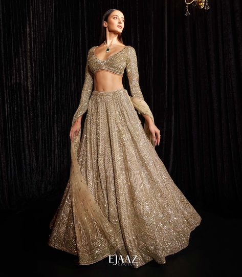 BIBI London Couture | Lehenga Ejaaz Couture, Indian Reception Outfit, Golden Lehenga, Latest Bridal Lehenga Designs, 2022 Jewelry, Sangeet Outfit, Bridal Lehenga Designs, Latest Bridal Lehenga, Reception Lehenga