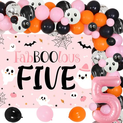 PRICES MAY VARY. Packages List: 1*fabboolous five backdrop(5x3ft), 75*latex balloons(5-12inch), 1*number 5 foil balloon(32inch) and additional assembly tools. Chilly Fun: Bright pink, orange and black colors and halloween themes like bats, spiders and ghosts make this set a fun choice for decorating a 5th birthday party. Life-Like Design: Lifelike props like the spider web backdrop and spooky balloons will create an eerie atmosphere that will delight little guests celebrating their fifth birthda Pink Orange Halloween, Spooky Balloons, Halloween Birthday Decorations, Kids Halloween Birthday Party, Halloween Theme Birthday, Party Decorations Pink, Halloween Themed Birthday Party, 5th Birthday Party, Girls Birthday Party Themes