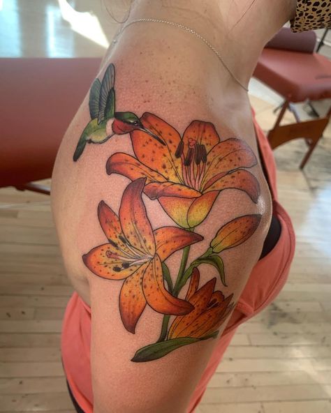 Hibiscus And Hummingbird Tattoo, Colored Lily Tattoo, Mushrooms Tattoos, Lilly Tattoos, Tara Tattoo, Tattoo Claims, Colorful Hummingbird Tattoo, Tiger Lily Tattoo, Lilly Tattoo