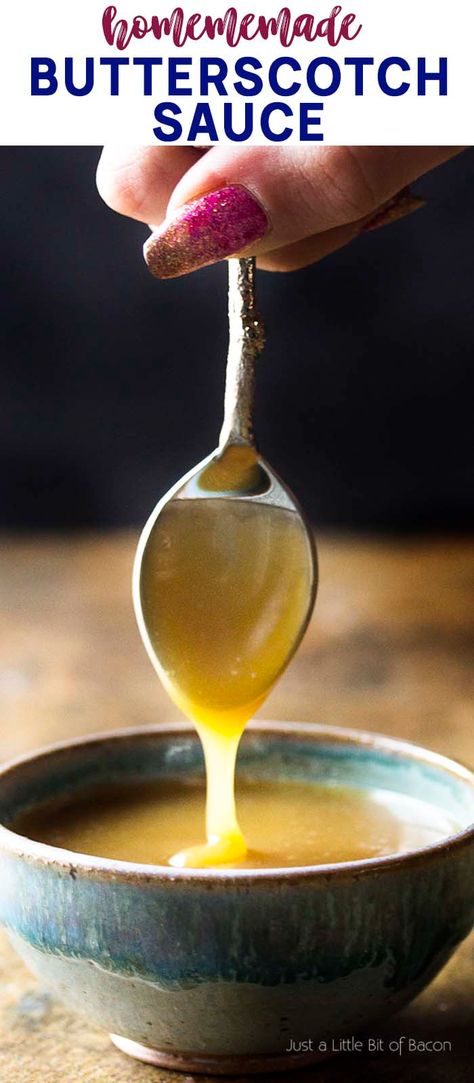 Learn how to make the best homemade butterscotch sauce! This easy dessert sauce needs only a few minutes and a few ingredients for delicious old fashioned flavor! Use on ice cream, over cake, in buttercream frosting, and more. | justalittlebitofbacon.com #butterscotch #butterscotchsauce #dessertrecipes #dessertsauce #dessert Butterscotch Ice Cream Topping, Easy Butterscotch Sauce, Homemade Butterscotch Sauce, Butterscotch Sauce Recipe, How To Make Butterscotch, Butterscotch Sauce Recipes, Apple Pie Cocktail, Homemade Butterscotch, Butterscotch Recipes