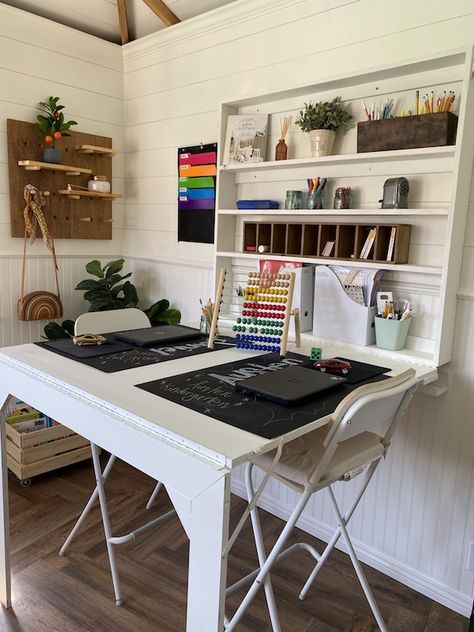 Back-to-School Shed: Jen's She Shed Schoolhouse - She Shed Living She Shed Living, Shed Living, Functional Classroom, School Greenhouse, She Shed Office, Stand Up Table, Homeschool Room Design, Office Shed, Steam Table