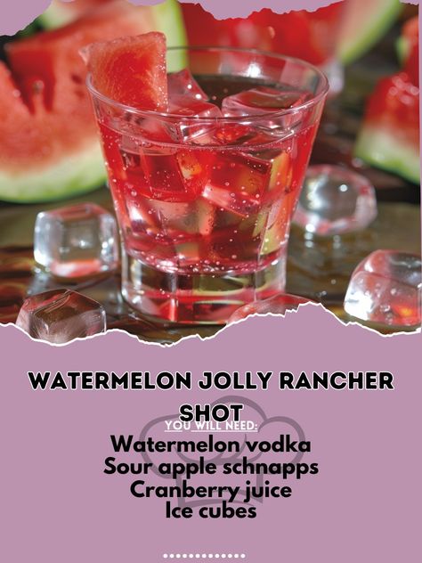 🍉 Experience the fruity burst with our Watermelon Jolly Rancher Shot! 🍹✨ #WatermelonShot #JollyRancher Watermelon Jolly Rancher Shot Ingredients: Watermelon vodka (1 oz) Sour apple schnapps (1 oz) Cranberry juice (1/2 oz) Ice cubes Watermelon slice for garnish Instructions: Combine watermelon vodka, sour apple schnapps, and cranberry juice in a shaker. Fill with ice and shake well. Strain into a shot glass. Garnish with a watermelon slice. 🌟 Sweet and tangy, a burst of flavor in every sho... Shots Recipes Easy, Mixed Shots Recipes, Mixed Shots, Alc Drinks, Watermelon Jolly Rancher, Jolly Rancher Shot, Shots Recipes, Shots Alcohol Recipes, Vodka Sour