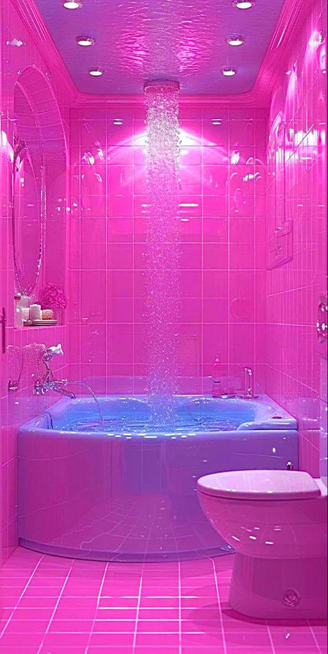 Aquarium Bathroom Ideas, Vaporwave Bathroom, Living Room Victorian, Pink Bathroom Ideas, Bathroom Ideas Aesthetic, Pink Bathtub, Assiette Design, Fun Bathroom Decor, Glam Dining