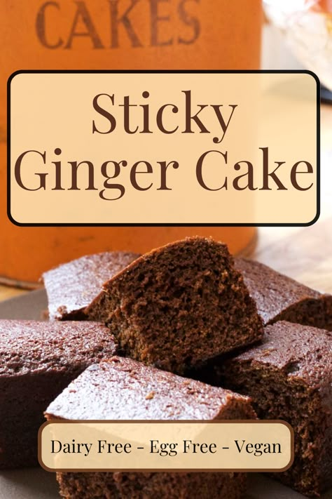 Slices of traditional sticky ginger cake on a plate. There is a vintage orange cake tin in the background. Vegan Ginger Cake, Sticky Gingerbread, Sticky Ginger Cake, Nostalgic Recipes, Black Treacle, Traditional Christmas Cake, Autumn Baking, Cake Calories, Eggless Desserts