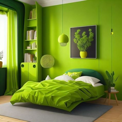 Green Bedroom Wallpaper, Lime Green Bedroom, Lime Green Bedrooms, Lime Green Interior, Fall Bedroom Ideas, Green Interior Design, Cozy Fall Bedroom, Bedroom Wallpaper, Green Interior