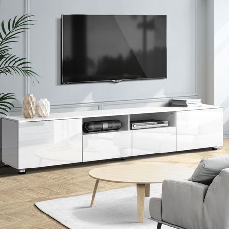 What Height to Mount a TV: Measurements & Tips - TLC Interiors Wall Mounted Tv Bedroom, Mounted Tv Bedroom, White Entertainment Unit, Low Tv Cabinet, Tv Bedroom, Wall Unit Designs, High Gloss Furniture, White Tv, Wall Mounted Tv