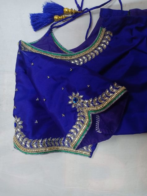 Vm aari pondicherry 8489150875 Very Simple Aari Work Blouse Design Blue, Simple Maggam Work, Simple Aari Work Blouse Design, Simple Aari Work Blouse, Blouse Aari Work, Blouse Designs Aari Work, Plain Blouse Designs, Maggam Blouses, Blouse Maggam Work