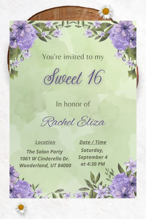 Sour Sixteen Party, Purple And Green Sweet 16, Green Sweet Sixteen, Princess Tiana Birthday Party, Tiana Birthday Party, Purple Sweet 16, Teenage Birthday Party, Sweet 16 Themes, Purple Invitations