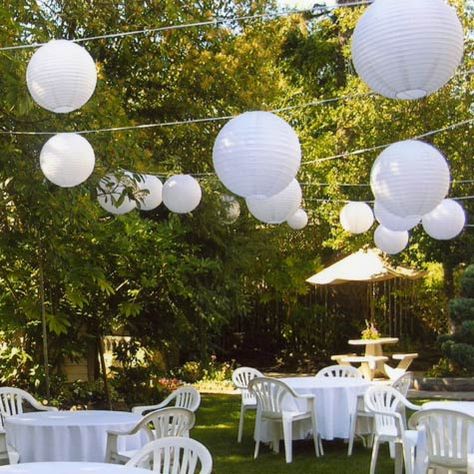 Love these .anytime..not just for parties Backyard Engagement Parties, White Paper Lanterns, Hanging Paper Lanterns, Chinese Paper Lanterns, Round Paper Lanterns, Backyard Reception, Backyard Birthday, Persian Wedding, White Lanterns