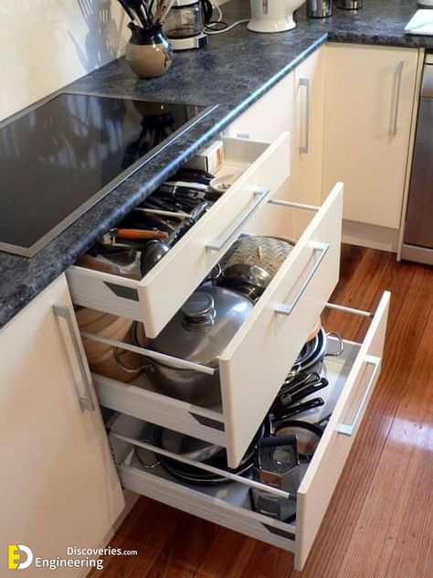 Kitchen Cabinet Drawers, Kitchen Drawer Organization, Kitchen Organisation, Big Kitchen, Kitchen Drawer, Modern Kitchen Cabinets, Drawer Design, Kitchen Drawers, Drawer Organizers