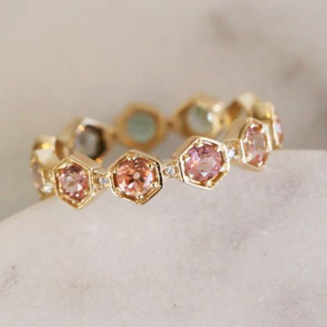 New Golden And Pink Ring Inlaid Cz Pink Gemstone Zircons Sz 10 This Crown-Like Ring Encompassed In A Hexagon Setting With Tiny Diamonds Nestled In Between. Carina Stacks Beautifully With Others - But Wow Does She Stand Well On Her Own. .80 Cts Of Tourmalines And .06 Cts Of Pink And Rose Gemstones Just For You. Please Expect Variation In These Genuine Gemstones This Ring Is 3mm / 1mm Alternating Height New In Box! About Our Closet: Original Owner. Nonsmoking/No Pets/Fragrance-Free. Fast Shipping. Elegant Stackable Tourmaline Jewelry, Fine Jewelry Rings With Rose Cut Diamonds And Tourmaline, Vermeil Jewelry, Girly Jewelry, Jewelry Inspo, Pretty Jewellery, Bling Bling, Cute Jewelry, Jewelry Inspiration