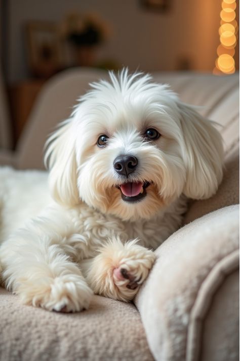 Affectionate Maltese dog relaxing on sofa Maltese Puppy Cut, Maltese Poodle Mix, Morkie Dogs, Loving Personality, White Coats, Dog Portraits Painting, Poodle Toy, Miniature Australian Shepherd, Dog Portraits Art