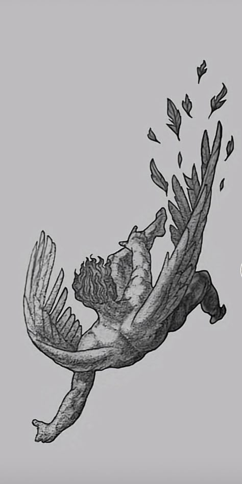 Ancient Angel Art, Falling Angles Tattoos, Lucifer Falling From Heaven Tattoo, Falling Angel Lucifer, Icuris Falling Art, Archangel Michael Drawing, Lucifer Falling From Heaven, The Fallen Angel Drawing, Fallen Drawing