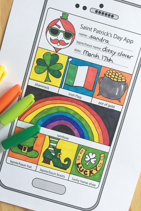 Are you a busy teacher or parent looking for a fun, modern St. Patricks Day activity for older kids? This easy to use printable fold out ‘art phone’ art activity is ideal for making St Patrick’s day decorations for the classroom. This coloring pages activity pack includes drawing a pot of gold, leprechaun hat and shoes, rainbow, shamrock and Irish flag. Click on the link to see the resource in full. St Patrick's Day Art, Printable Art Activities, Rainbow Shamrock, Saint Patricks Day Art, St Patricks Day Quotes, Creative Writing Activities, St. Patrick’s Day, St Patrick's Day Decorations, Irish Flag