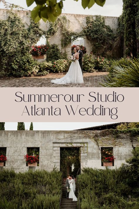 Couple getting married in a lush courtyard at Summerour Studio in Atlanta Summerour Studio Wedding Atlanta, Wedding Venue Georgia, Summerour Studio Wedding, Summerour Studio, Atlanta Wedding Venues, Atlanta Wedding Photography, Airbnb Wedding, Wedding Venues Indoor, Georgia Wedding Venues