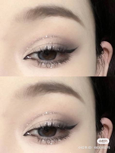 Smokey Eye On Asian Eyes, Black And White Douyin Makeup, Korean Silver Makeup, Douyin Silver Makeup, Silver Makeup Looks Simple, Smokey Eye Makeup Asian Eyes, Grey Douyin Makeup, Prom Smokey Eye Makeup, Douyin Smokey Makeup