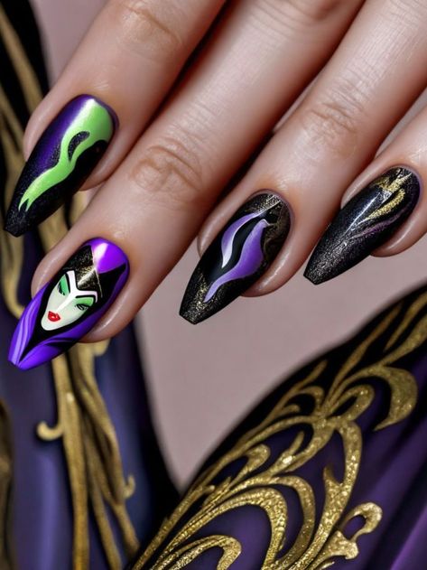 Villian Nails Designs, Maleficent Nails Designs, Maleficent Nail Art, Maleficent Nails, Disney Nail Designs, Matte Black Nails, Green Polish, Nail Time, Black Nail Polish