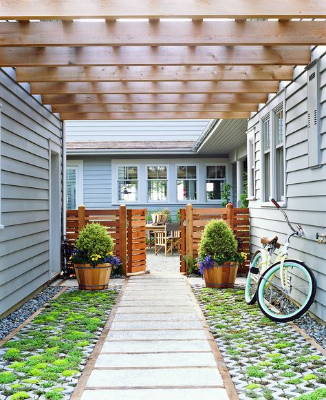 Joy Core, Grass Pavers, Beach House Tour, Wooden Gate, Young House, Young House Love, Deck With Pergola, Wooden Gates, Modern Fence