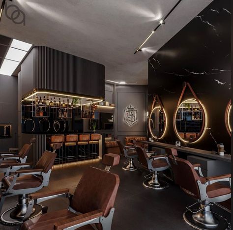 Barbershop With Bar, Barber Shop Design Interior, Black Salon Decor, Barber Suite, Luxury Barbershop, Barbershop Decor, Mirror Salon, Modern Barber Shop, Barber Design