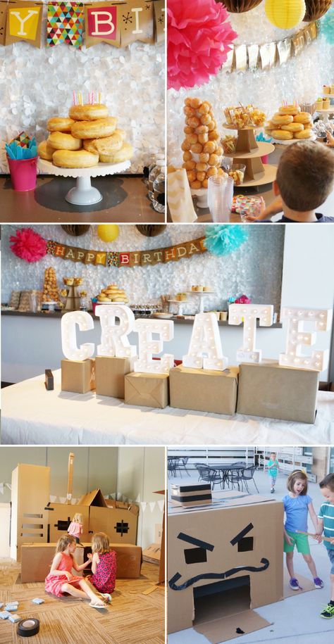 Such a fun party theme that allows kids to use their imagination and creativity! Here's all of the details from our cardboard box party! Cardboard Box Birthday Party, Cardboard Box Party, Cardboard Maze, Cardboard Boxes Kids, Kids Party Boxes, Fair Day, Cardboard Box Crafts, Fun Party Themes, Birthday Inspiration