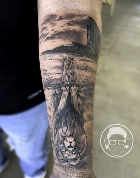 Lion And Two Cubs Tattoo Father, Father Son Animal Tattoo, Lion Father And Son Tattoo, Lion Family Forearm Tattoo, Father Son Lion Tattoo, Lion And Cub Tattoo Father, Tattoo Lion Family, Lion King Tattoos, Father And Son Tattoo