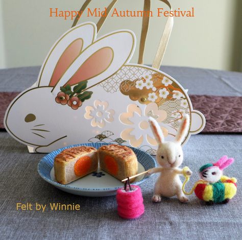 Needle felted moon cake, bunny, lanterns Cake Bunny, Happy Mid Autumn Festival, Mid Autumn, Mid Autumn Festival, Moon Cake, Fall Festival, Needle Felted, Felt Crafts, Needle Felting